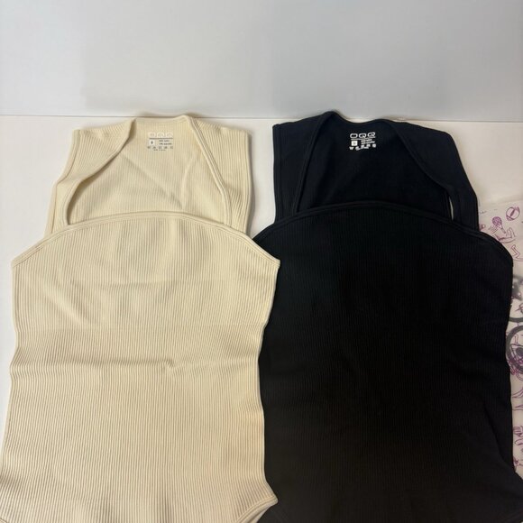 NEW Lot 2 OQQ Women's Small Bodysuit Sexy Ribbed Strappy Square Neck Sleeveless - Picture 2 of 5